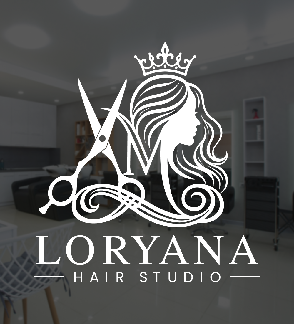 Loryana Hair Studios emblem över en salongsmiljö