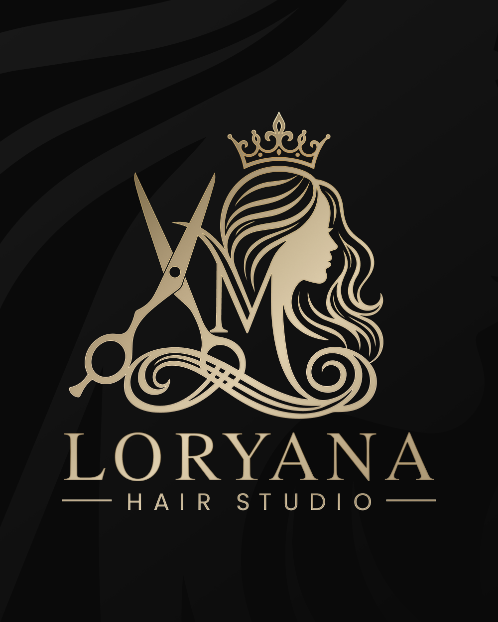 Loryana Hair Studios gyllene emblem mot mörk bakgrund